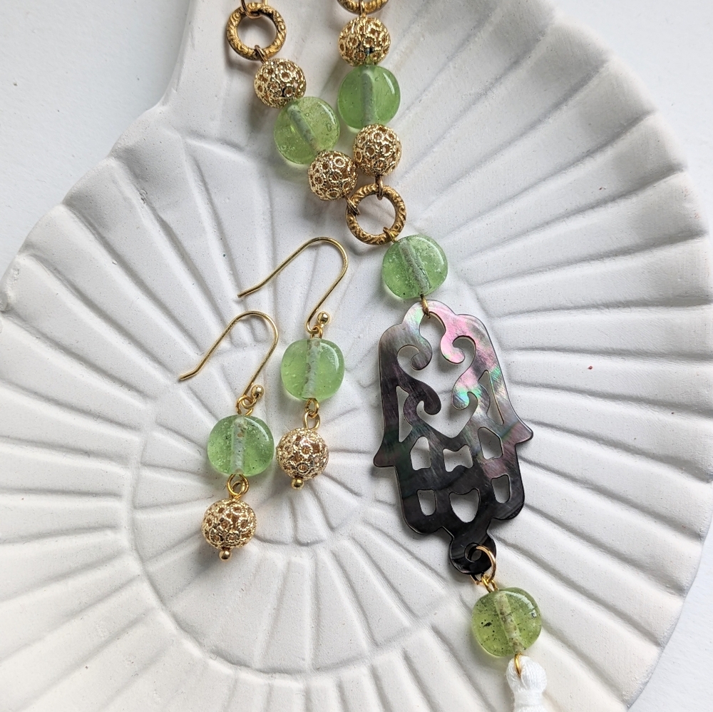Elegant Buddha hand mother of pearl Necklace & Earrings Set, spring jewelry